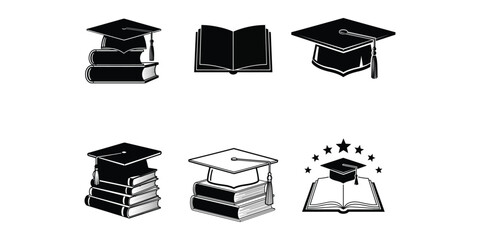 Collection of graduation caps and books icons isolated on