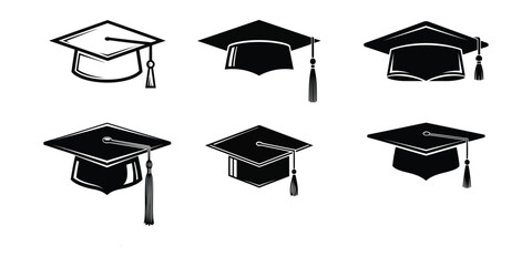 Six black graduation caps isolated on