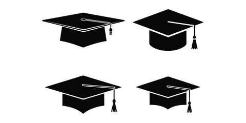 Four black graduation caps with tassels, isolated on