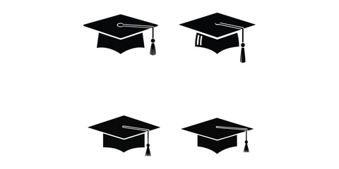 Four black graduation caps with tassels, isolated on white