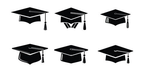 Six black graduation caps with tassels, isolated on white