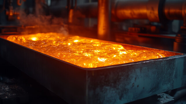 Hot molten metal glowing, bubbling in a large vat, manufacturing process
