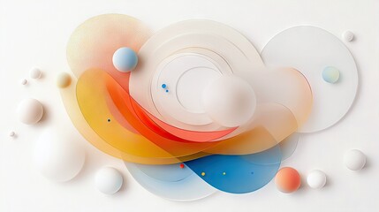 A minimalist 3D render featuring overlapping translucent circles and spheres in pastel colors, with a soft, diffused light creating a serene mood.