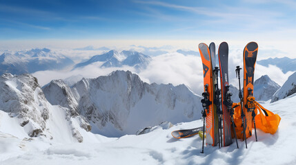 Ski in winter season, mountains and ski touring backcountry equipments on the top of snowy mountains in sunny day.