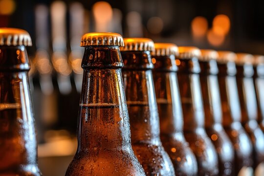 A row of dark brown beer bottles with gold caps are lined up on a bar counter.
