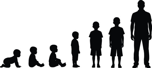 Silhouette, human, growth, development, stages, age, baby, toddler, child, adult, progression, evolution, life, biology, psychology, education, concept, abstract, minimal, design