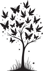 Black silhouette tree with butterflies and leaves white