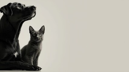 Close-up cat and dog sitting quietly in pure neutral minimalist background, ultra simplified editorial composition, cat and dog minimalist scene