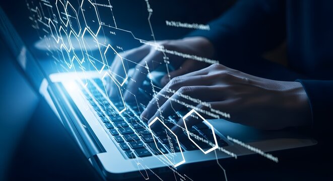 Close up of hands typing on laptop futuristic technology concept blue glowing lines and shapes overl