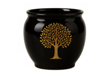 Cremation urn, black ceramic vessel featuring a golden tree of life symbol on a transparent background, representing remembrance