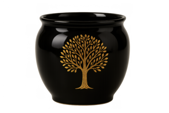 Cremation urn, black ceramic vessel featuring a golden tree of life symbol on a transparent background, representing remembrance