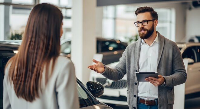 Car salesman explaining features to a customer using a tablet in a dealership showroom - Powered by Adobe