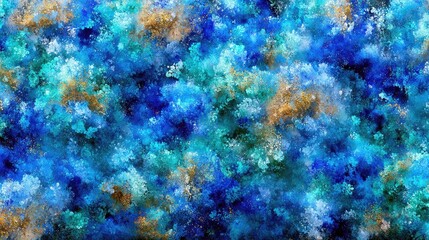 Fototapeta premium An abstract, textured background featuring swirling patterns of blue, turquoise, and gold. The fractal-like formations create a sense of depth and movement.