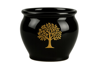 Black cremation urn with gold tree of life symbol representing remembrance, eternal life, and memorial on transparent background