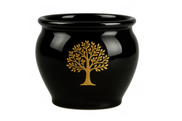 Black cremation urn with gold tree of life symbol representing remembrance, eternal life, and memorial on transparent background