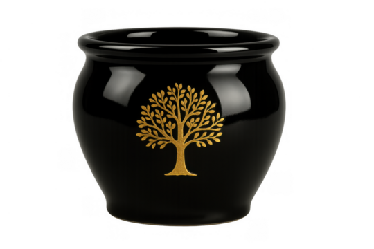 Black cremation urn with gold tree of life symbol representing remembrance, eternal life, and memorial on transparent background