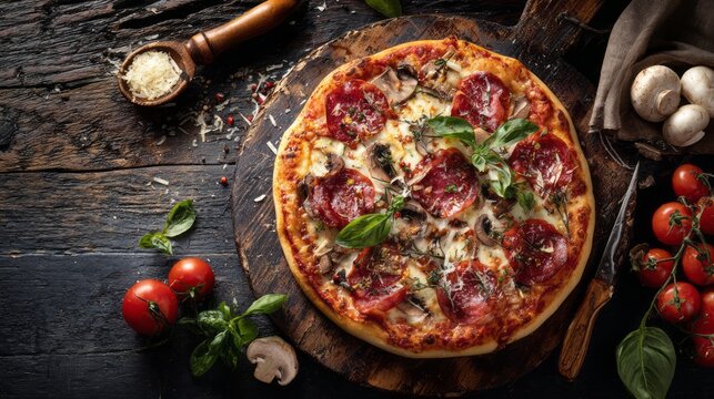 Fresh artisan pizza on rustic wooden board centered for food photography featuring golden crust melted cheese vibrant toppings and authentic italian culinary presentation
