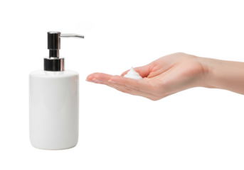 White soap dispenser with foam lather dispensed onto open hand, isolated isolated on transparent background