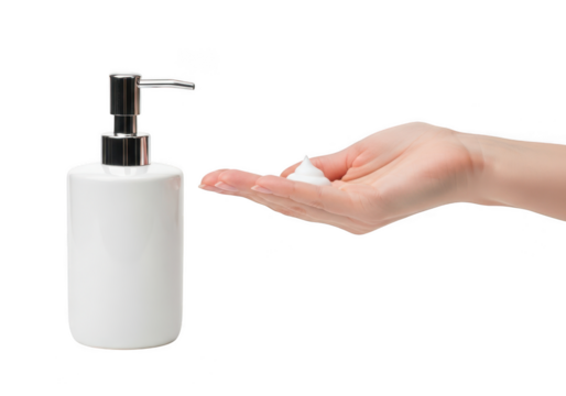 White soap dispenser with foam lather dispensed onto open hand, isolated isolated on transparent background