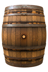 Obraz premium Rustic wooden barrel with metal hoops for aging wine isolated on transparent background