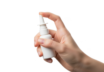 Hand holding a white nasal spray bottle, isolated on a clean background isolated on transparent background