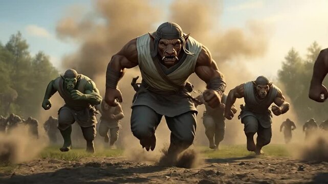 Ogres Charge Across Dusty Plain, A Horde of Fantasy Warriors Rushing Forward