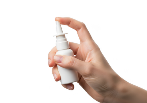 Hand holding a white nasal spray bottle, isolated on a clean background isolated on transparent background