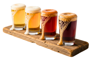 Craft beer tasting flight with overflowing foam on wood board isolated on transparent background