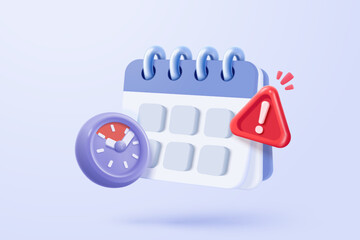 3d calendar icon signs with notice for important reminder. Calendar with red danger attention bell or emergency notifications loud concept. 3d schedule alarm warning icon vector render illustration