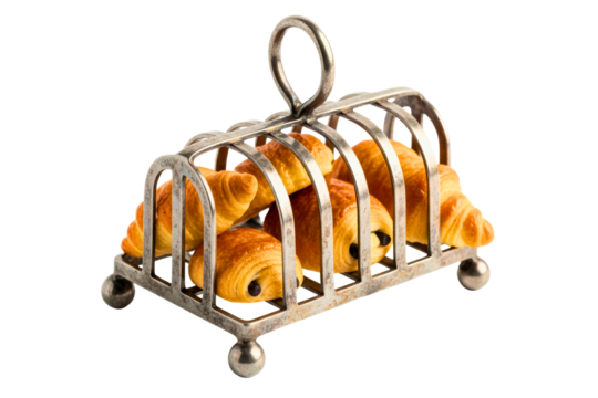 Fresh-baked golden croissants arranged in vintage metal rack isolated on transparent background