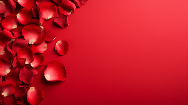 Colorful abstract background with red rose petals and red background.