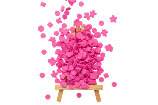 Pink star and circle-shaped confetti piled on wooden easel isolated on transparent background
