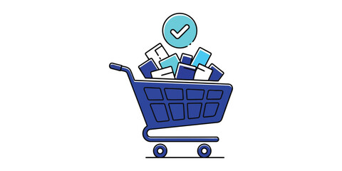 Shopping cart filled with products isolated on