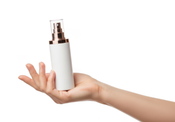 Woman's hand holding a white spray bottle with rose gold accent for cosmetic product isolated on transparent background