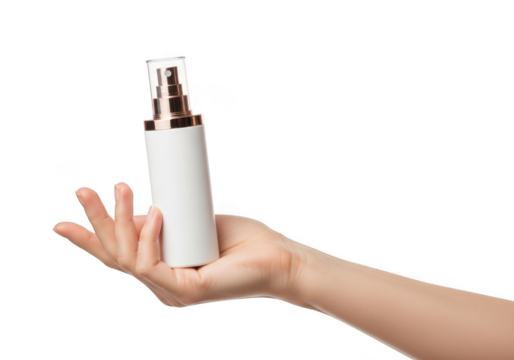 Woman's hand holding a white spray bottle with rose gold accent for cosmetic product isolated on transparent background