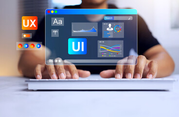 UX UI Design concept with designer working on virtual screen to design an application and website interface