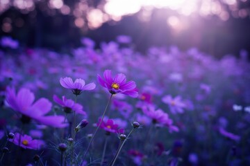 Field of purple cosmos flowers blooming under soft sunlight in garden