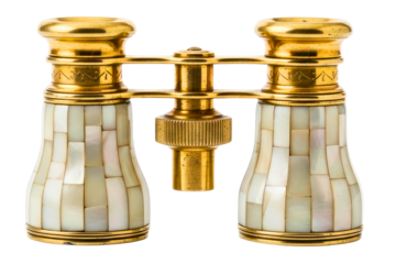 Vintage gold and mother-of-pearl theater binoculars isolated on transparent background