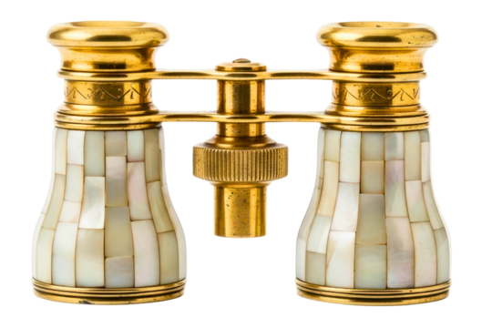 Vintage gold and mother-of-pearl theater binoculars isolated on transparent background