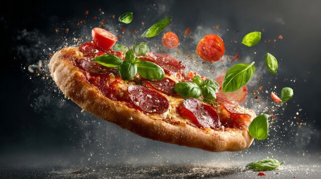Floating pepperoni pizza explosion with melting cheese, fresh basil, and airborne ingredients in dynamic motion creating a creative food advertising banner for tasty pizza delivery, restaurant menu de