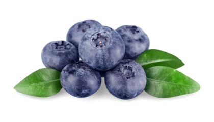 Fresh blueberries with green leaves isolated on white background