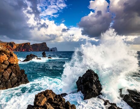 Dramatic ocean waves crash against rocky shoreline under a cloudy sky - Powered by Adobe
