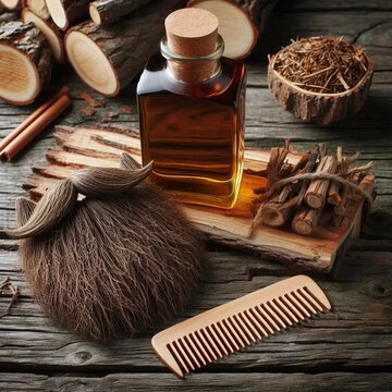 A bottle of beard oil with a single unkempt beard comb and a sma