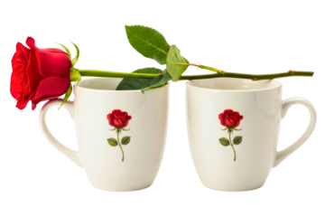 Fresh red rose flower lying on top of two white porcelain mugs isolated on transparent background