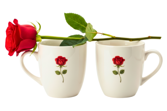 Fresh red rose flower lying on top of two white porcelain mugs isolated on transparent background