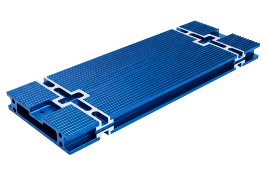 Blue anodized aluminum heatsink for electronic cooling isolated on transparent background