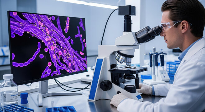 Focused scientist in clinical lab researches cellular nutrition using microscope. screen displays microbiological data for advanced analysis and scientific discovery