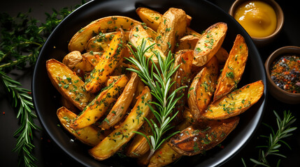 Baked potato wedges with cheese and herbs and tomato sauce on black background - homemade organic vegetable vegan vegetarian potato wedges snack food meal.