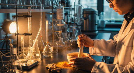 Focused woman scientist doing clinical nutrition research in modern lab. Her dedicated work in science and medicine involves pharmaceutical development in laboratory