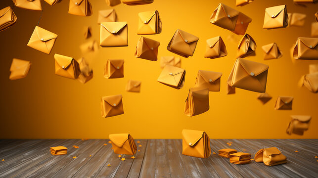 Envelope falling on the ground, yellow background with negative space - Powered by Adobe